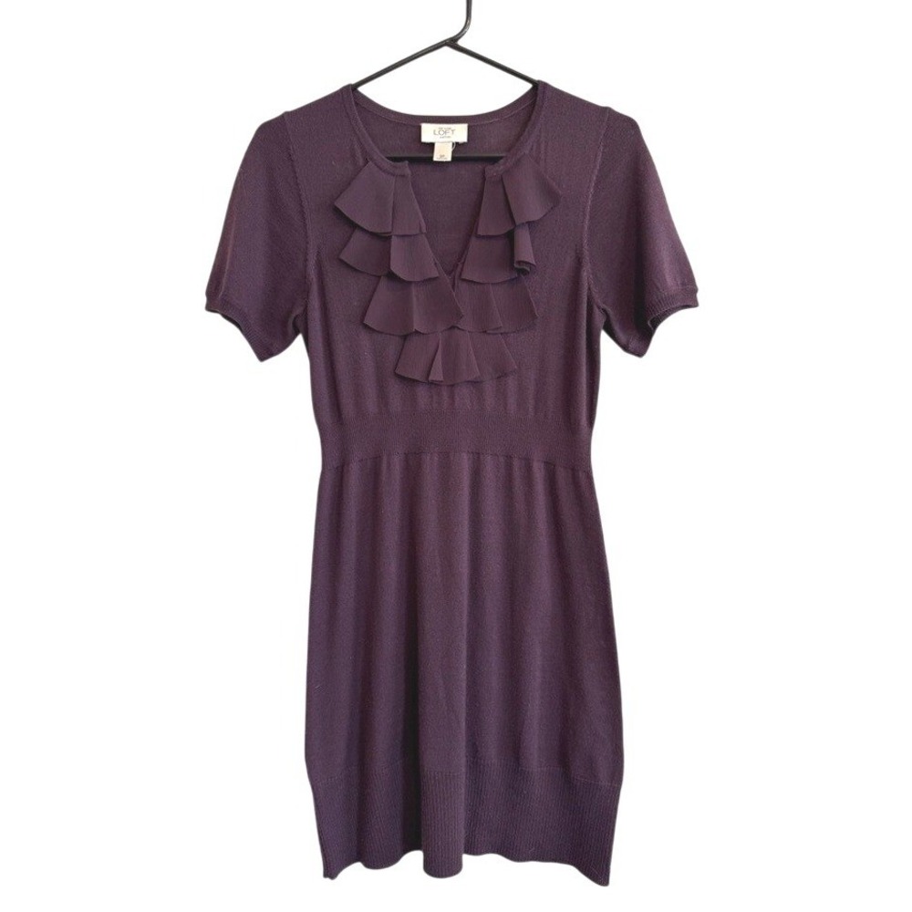Ann Taylor LOFT Sweater Dress Women SP Purple Excellent Merino Wool Ruffle‎ Neck